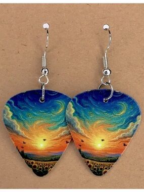 Sunset Swirl Guitar Pick Earrings - Blue, Orange, Yellow -